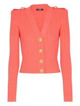 Balmain Long-Sleeved Twisted Knit Cardigan in Coral Pink Orange