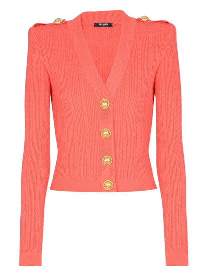 Balmain Long-Sleeved Twisted Knit Cardigan in Coral Pink Orange