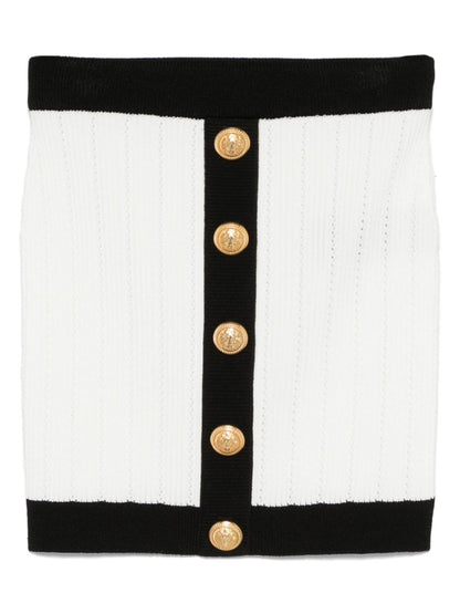 Balmain Button-embellished ribbed-knit mini skirt White