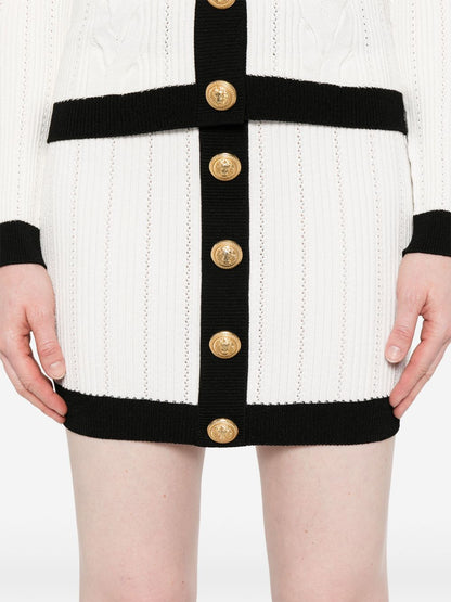 Balmain Button-Embellished Ribbed-Knit Mini Skirt White