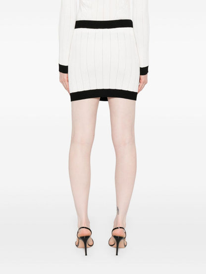 Balmain Button-Embellished Ribbed-Knit Mini Skirt White