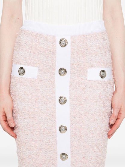 Balmain Tweed Pencil Skirt with Decorative Buttons Pink