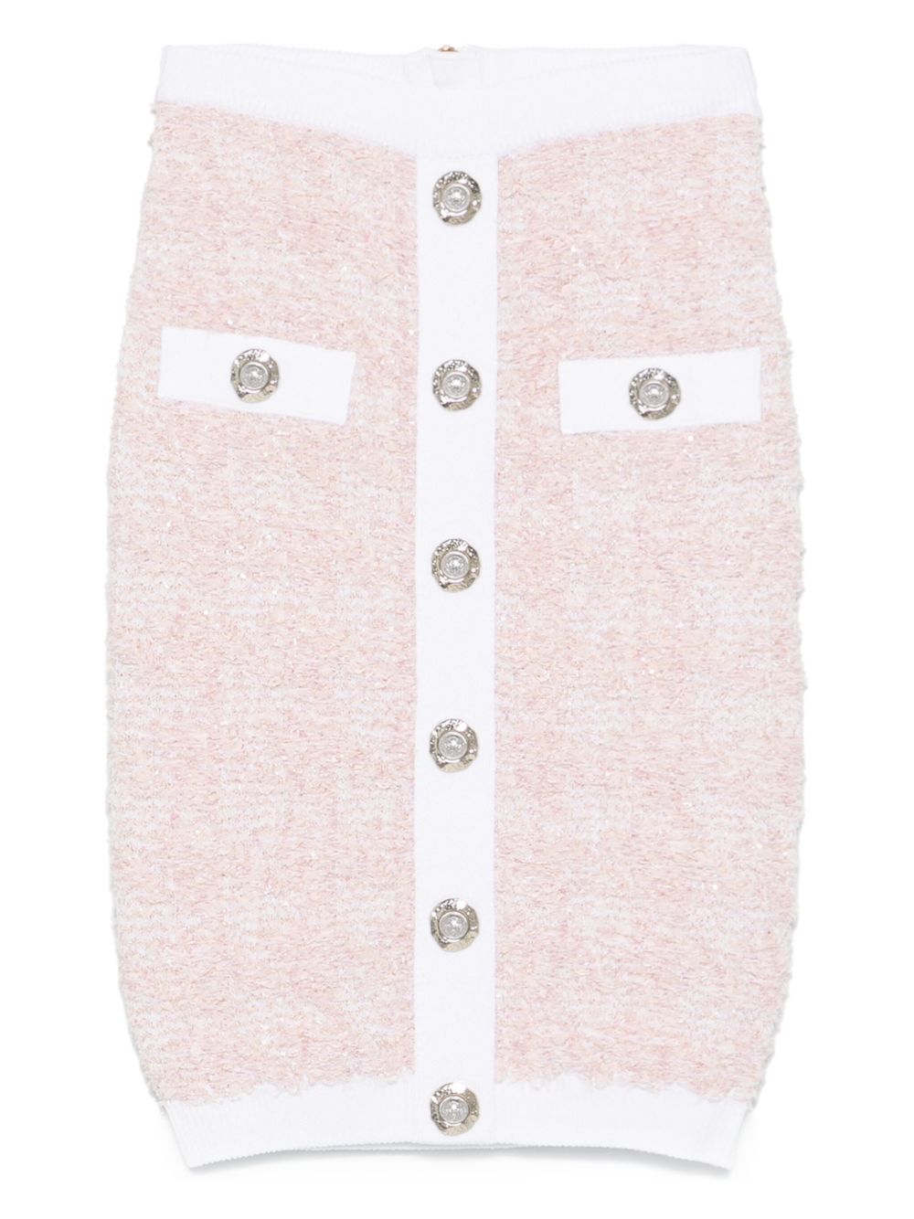 Balmain Tweed Pencil Skirt with Decorative Buttons Pink