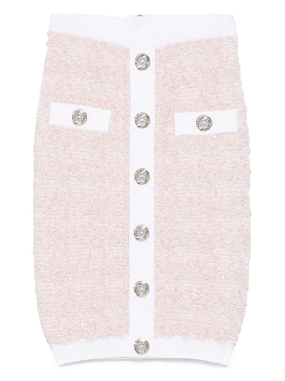 Balmain Tweed Pencil Skirt with Decorative Buttons Pink