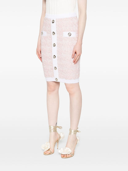 Balmain Tweed Pencil Skirt with Decorative Buttons Pink