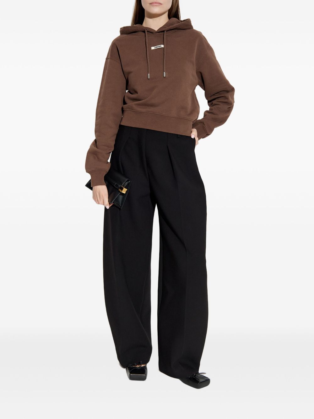 Jacquemus Cropped Logo-Patch Cotton Hoodie Brown