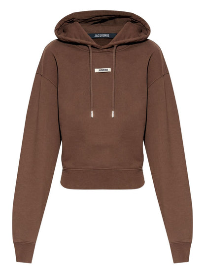 Jacquemus Cropped Logo-Patch Cotton Hoodie Brown