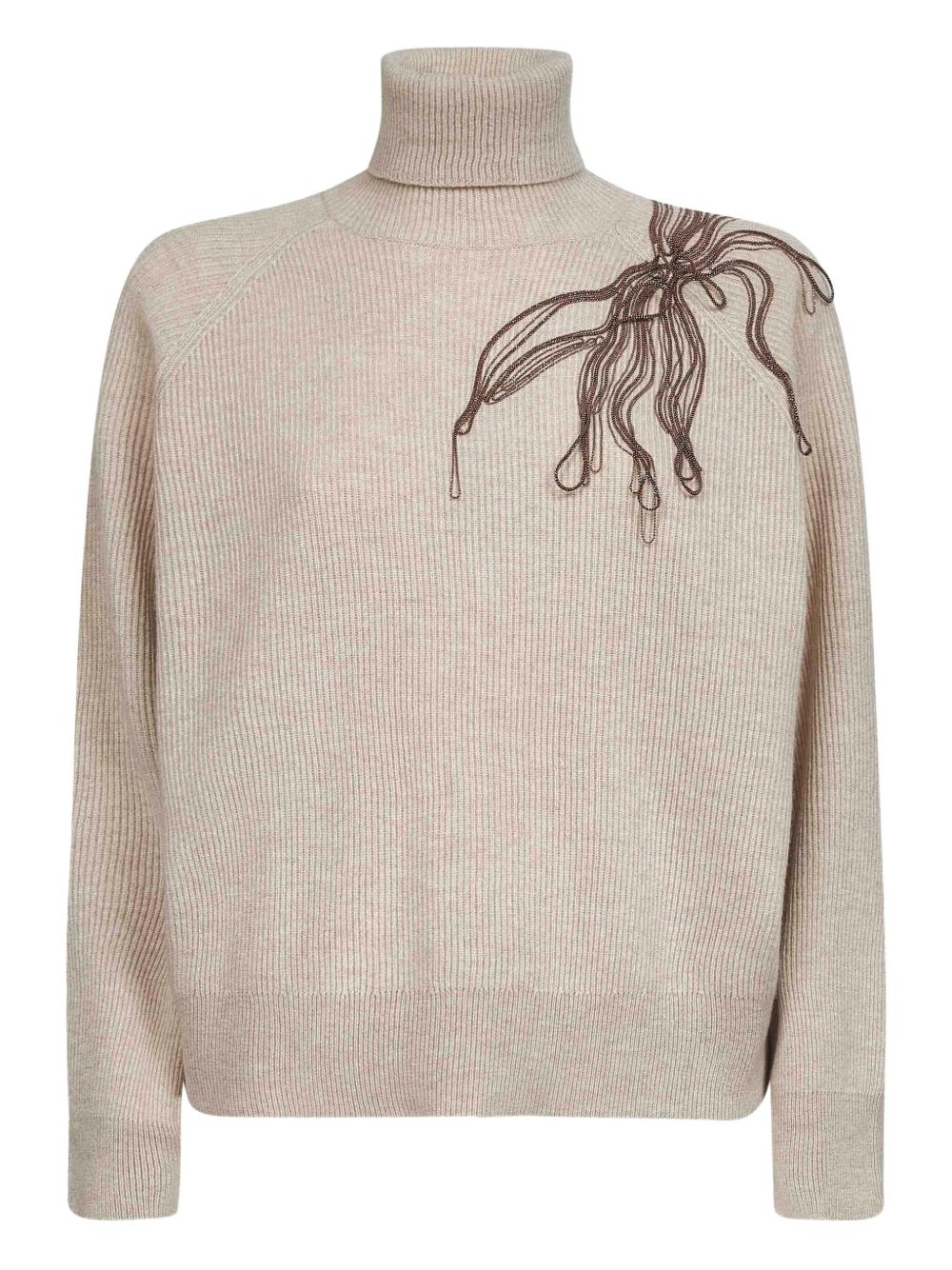 Brunello Cucinelli Cashmere Ribbed Turtle-Neck Jumper with Monili Flower Embroidery Beige Beige