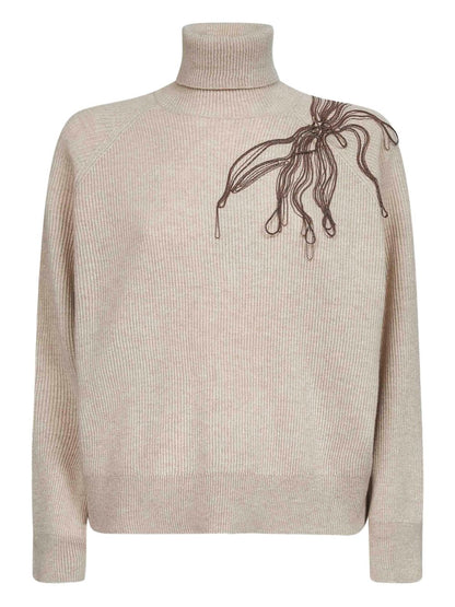 Brunello Cucinelli Cashmere Ribbed Turtle-Neck Jumper with Monili Flower Embroidery Beige Beige