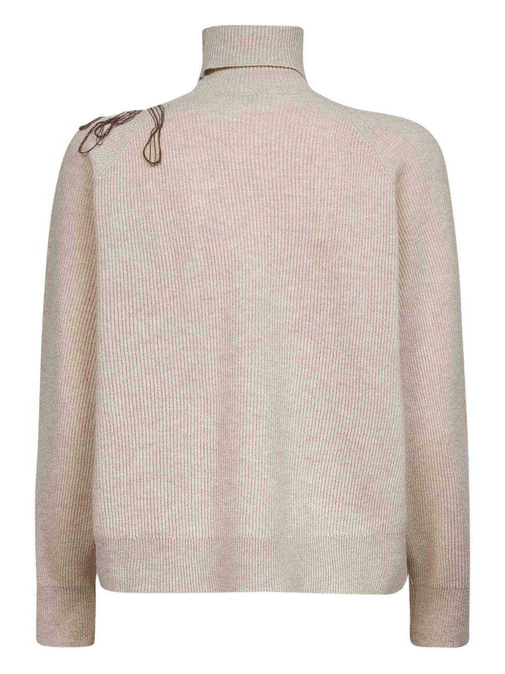 Brunello Cucinelli Cashmere Ribbed Turtle-Neck Jumper with Monili Flower Embroidery Beige Beige