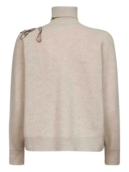 Brunello Cucinelli Cashmere Ribbed Turtle-Neck Jumper with Monili Flower Embroidery Beige Beige