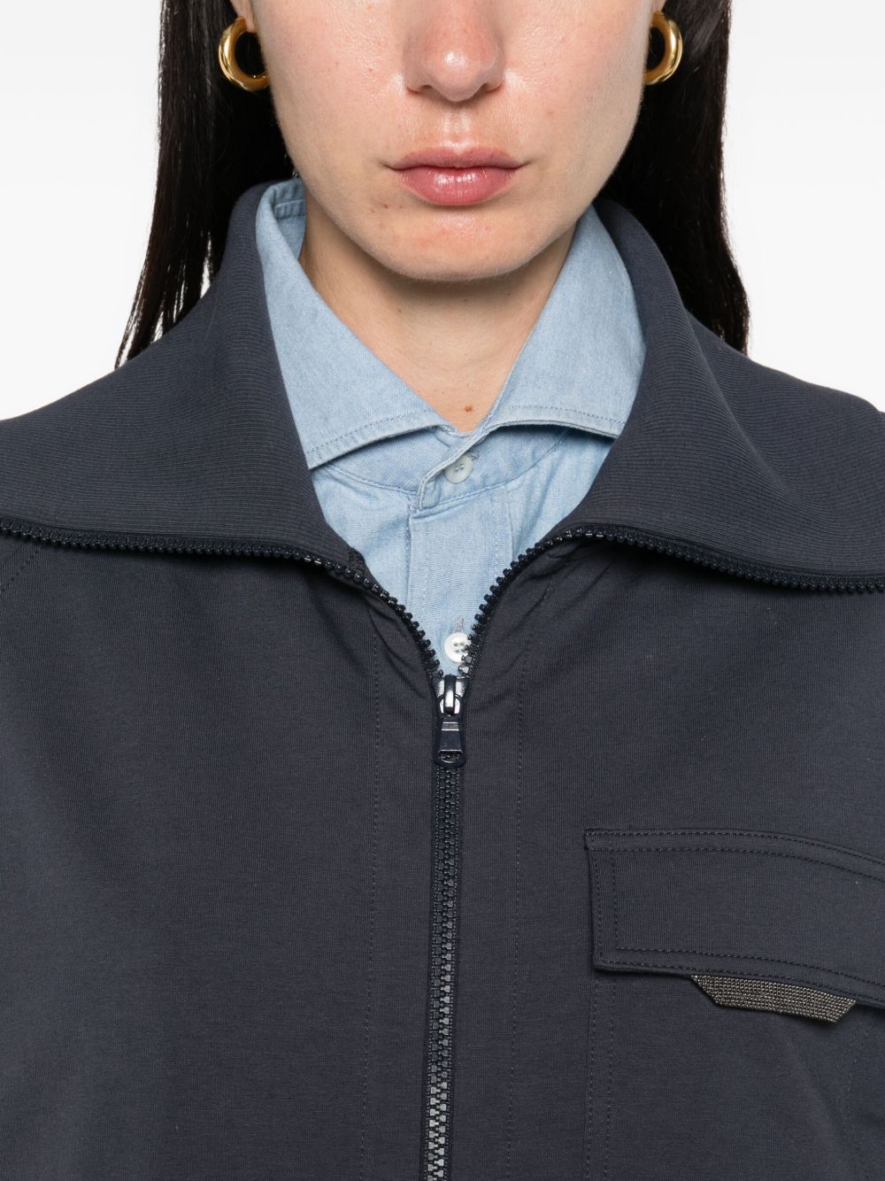 Brunello Cucinelli Zip-Fastening Cotton Patch-Pocket Sweatshirt Blue