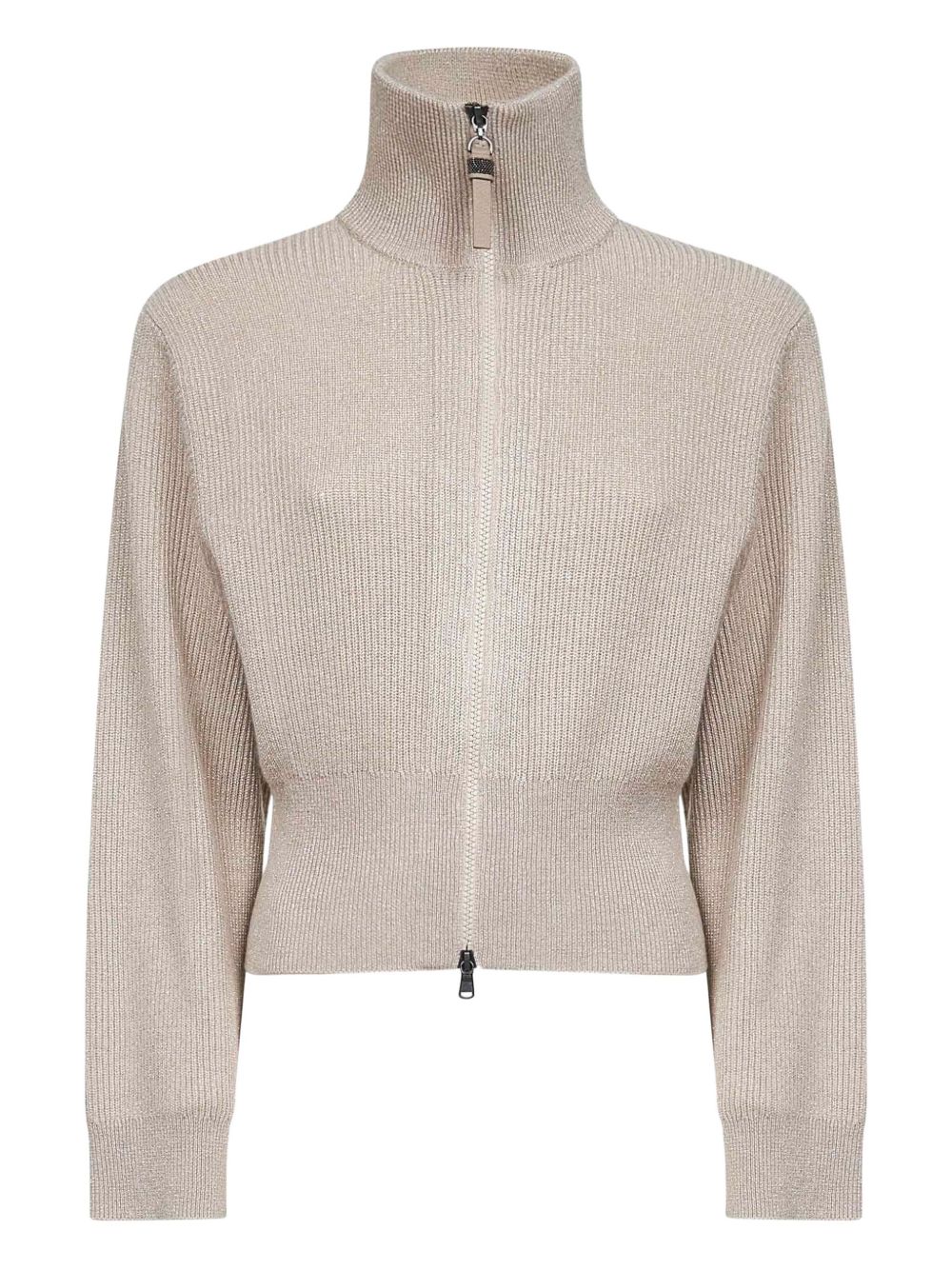 Brunello Cucinelli Cashmere Sparkling High Collar Zipped Cardigan Beige Beige
