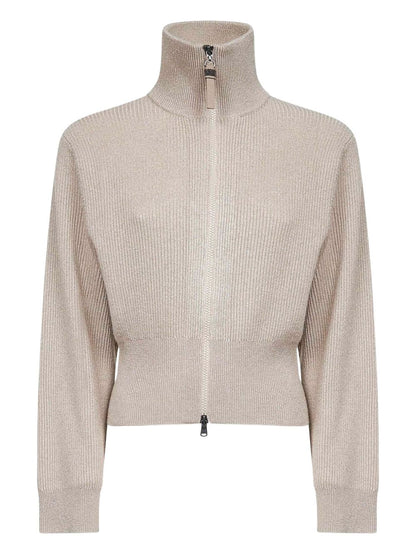 Brunello Cucinelli Cashmere Sparkling High Collar Zipped Cardigan Beige Beige