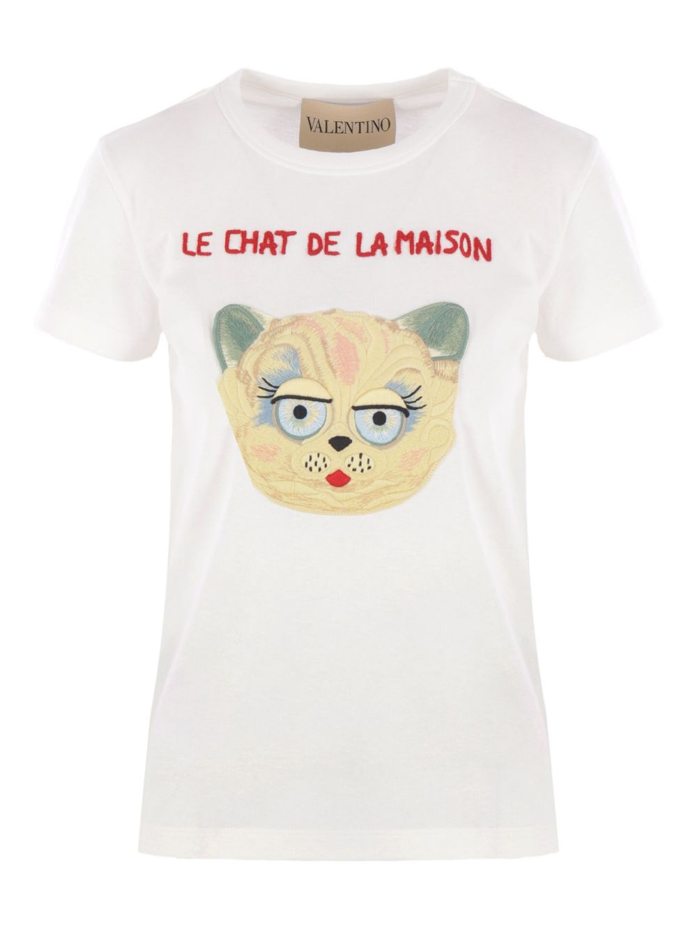 Valentino Cat-Face Appliqué Cotton T-Shirt Ivory