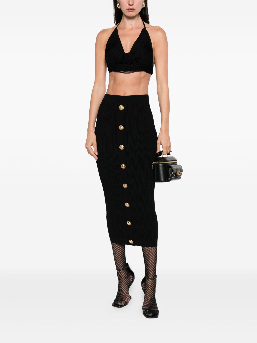 Balmain Cable-Knit Gold Button Midi Fitted Skirt Black