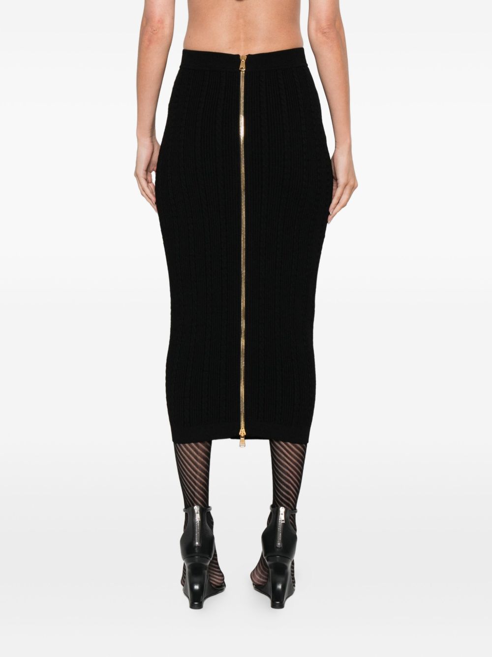 Balmain Cable-Knit Gold Button Midi Fitted Skirt Black