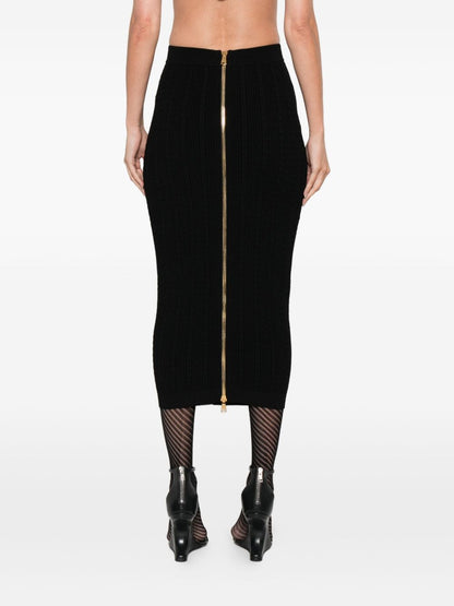 Balmain Cable-Knit Gold Button Midi Fitted Skirt Black