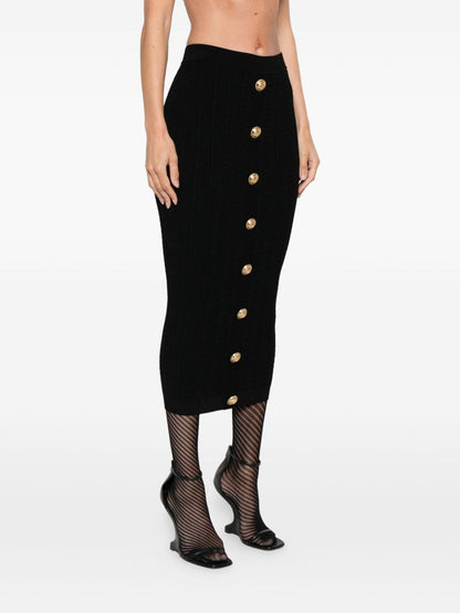 Balmain Cable-Knit Gold Button Midi Fitted Skirt Black