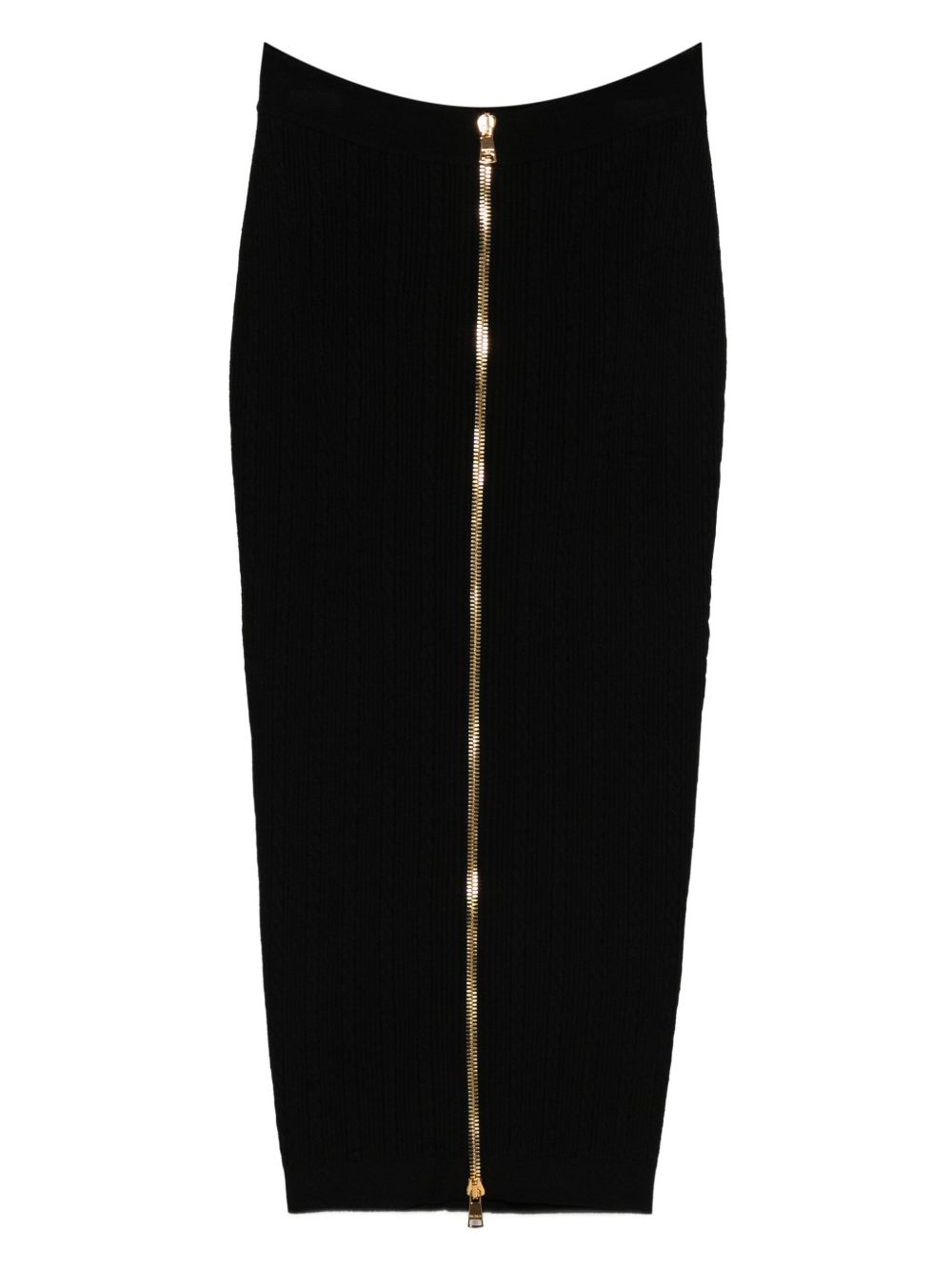 Balmain Cable-Knit Gold Button Midi Fitted Skirt Black