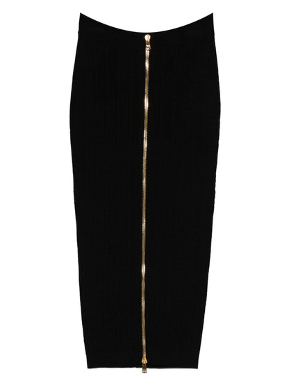 Balmain Cable-Knit Gold Button Midi Fitted Skirt Black