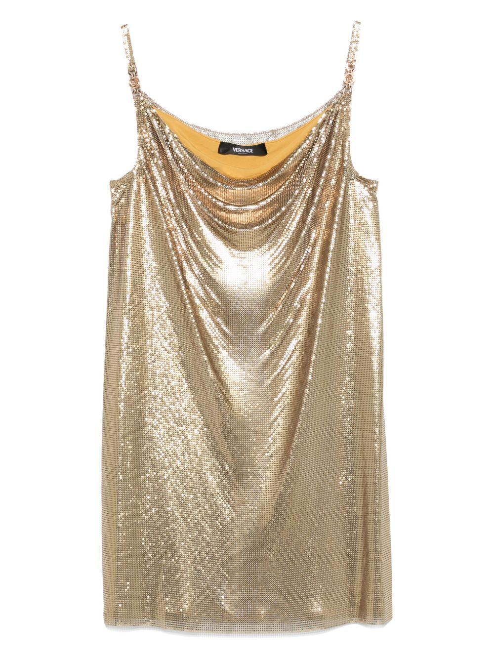 Versace Gold-Tone Spaghetti Strap Mini Cocktail Dress Golden