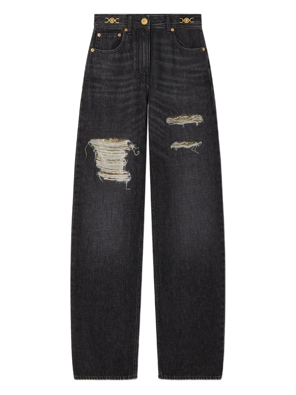 Versace Black High-Rise Ripped Jeans with Gold-Tone Hardware Black