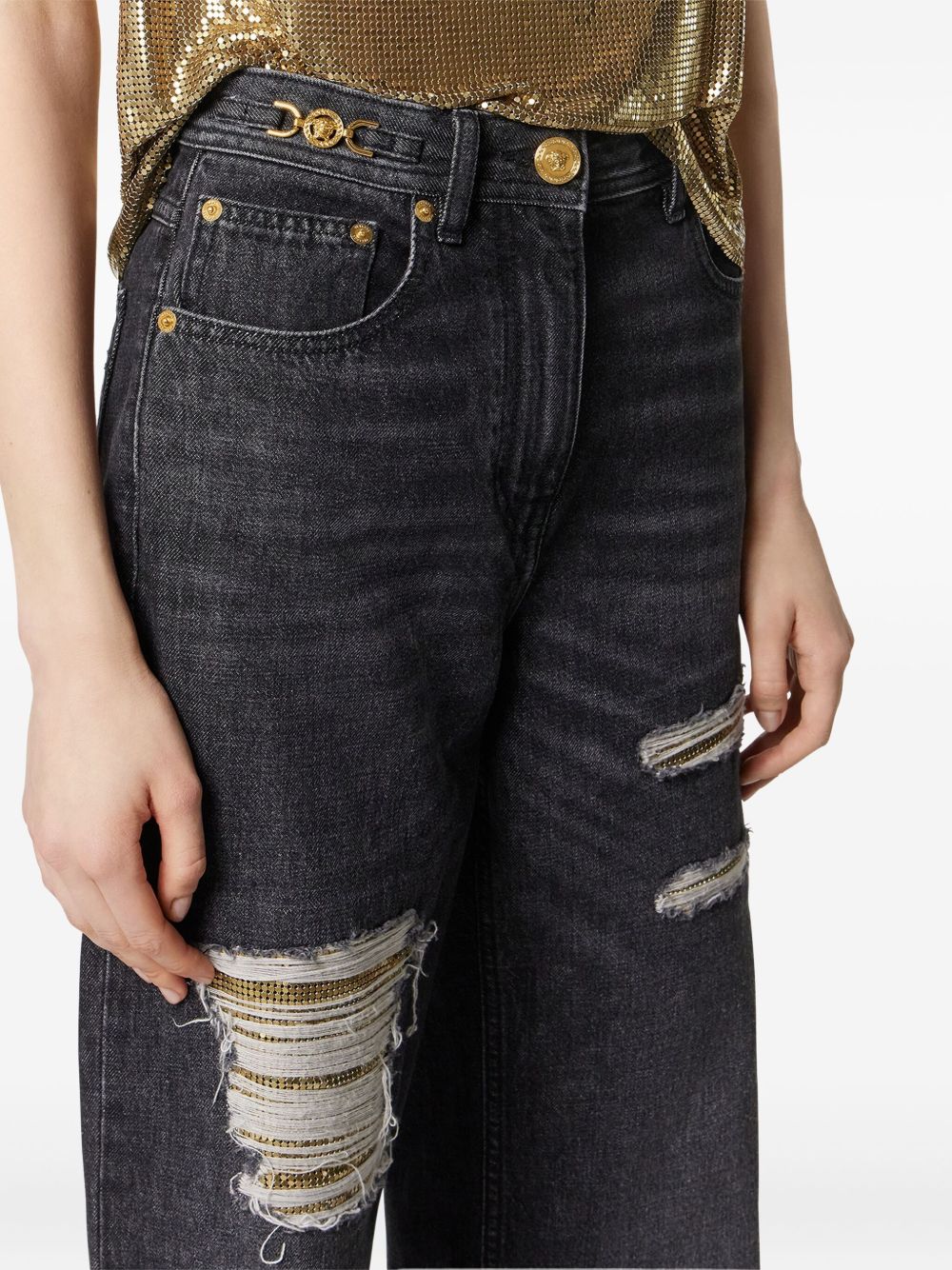 Versace Black High-Rise Ripped Jeans with Gold-Tone Hardware Black