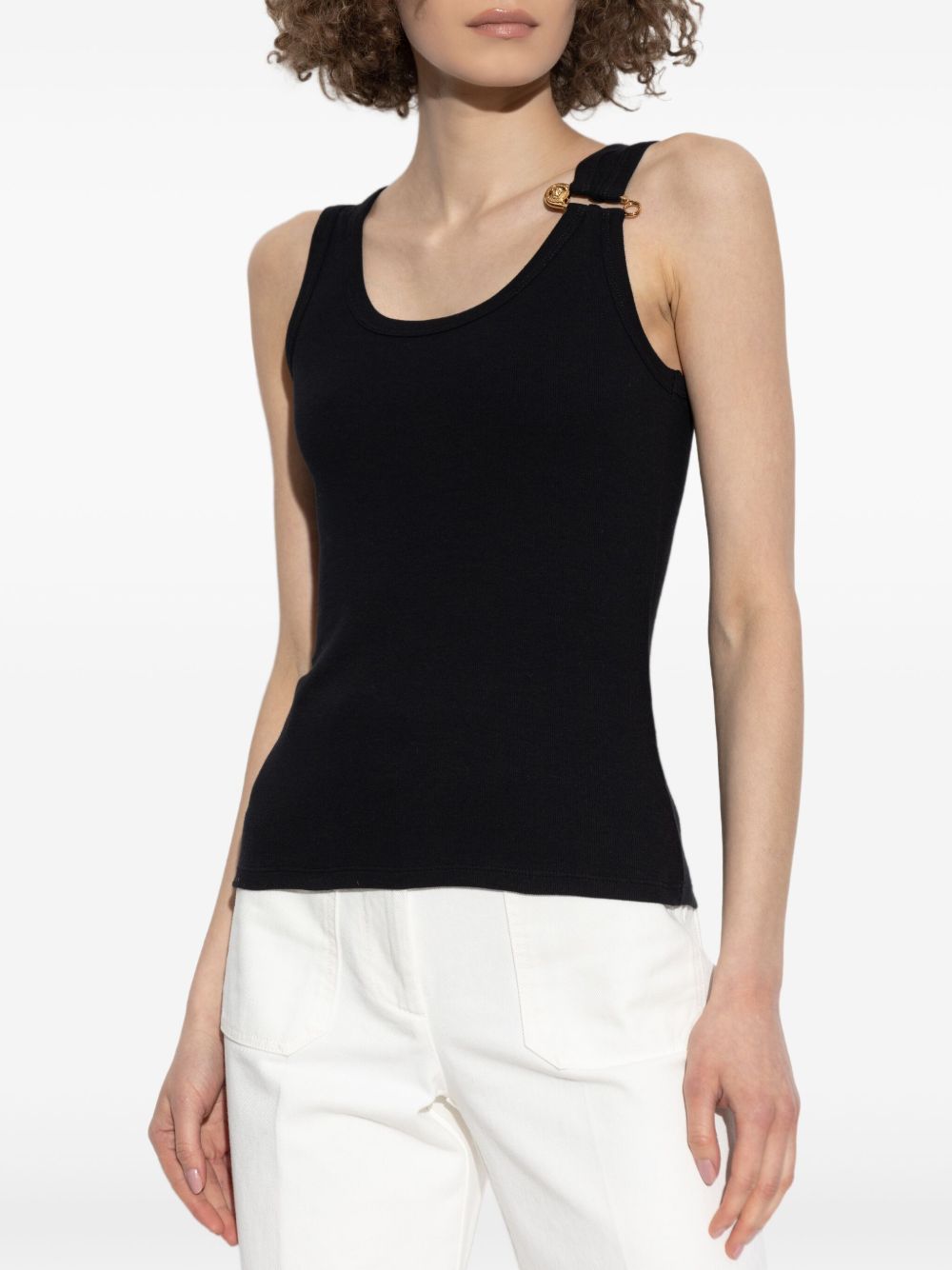 Versace Logo Cotton Tank Top with Safety Pin Detail Black