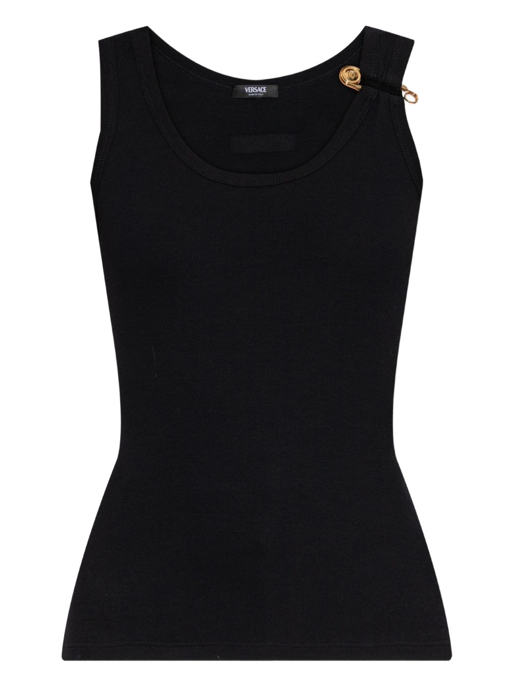 Versace Logo Cotton Tank Top with Safety Pin Detail Black