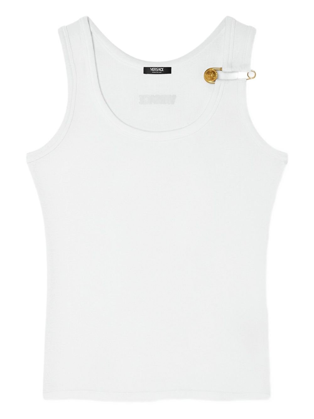 Versace Scoop Neck Cotton Tank Top with Medusa Safety Pin White