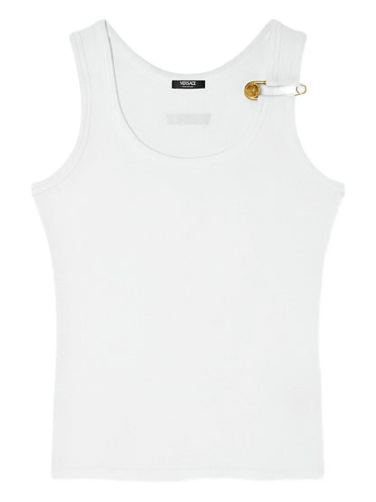 Versace Scoop Neck Cotton Tank Top with Medusa Safety Pin White