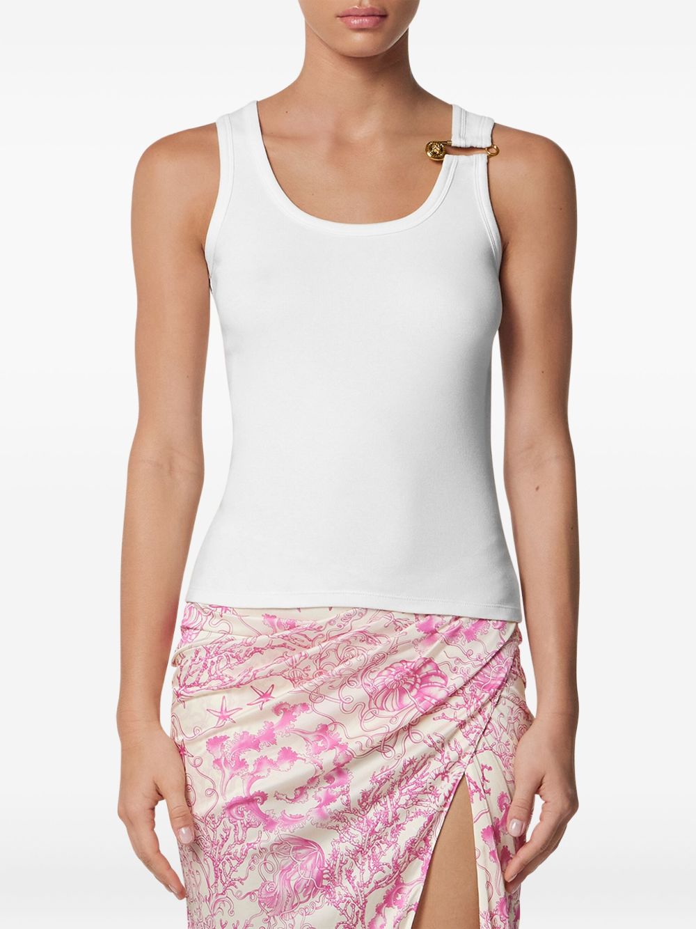 Versace Scoop Neck Cotton Tank Top with Medusa Safety Pin White