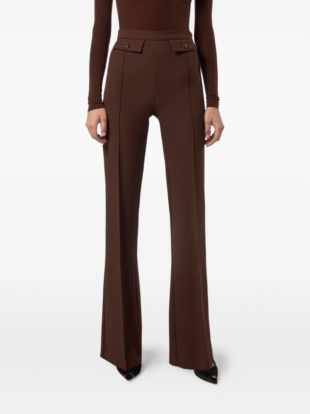 Elisabetta Franchi High-Waisted Flared Trousers with Gold-Tone Buttons Brown