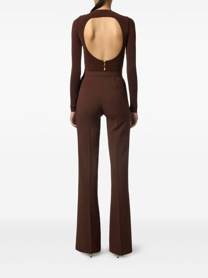 Elisabetta Franchi High-Waisted Flared Trousers with Gold-Tone Buttons Brown