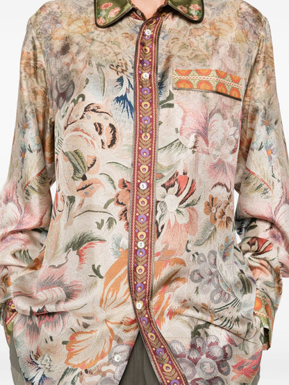 Pierre Louis Mascia Floral Printed Silk Shirt Beige