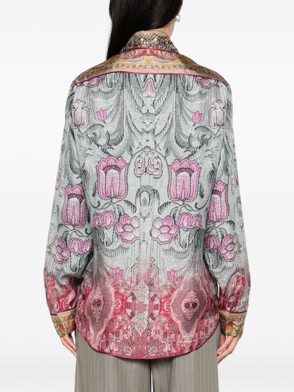 Pierre Louis Mascia Embellished Collar Printed Silk Shirt Clear Blue