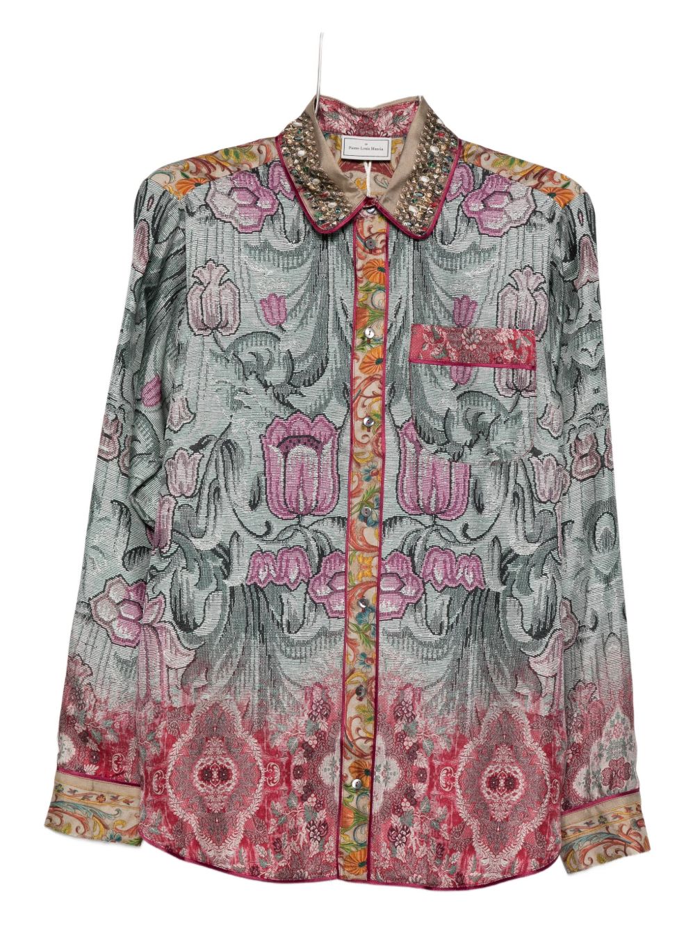 Pierre Louis Mascia Embellished Collar Printed Silk Shirt Clear Blue
