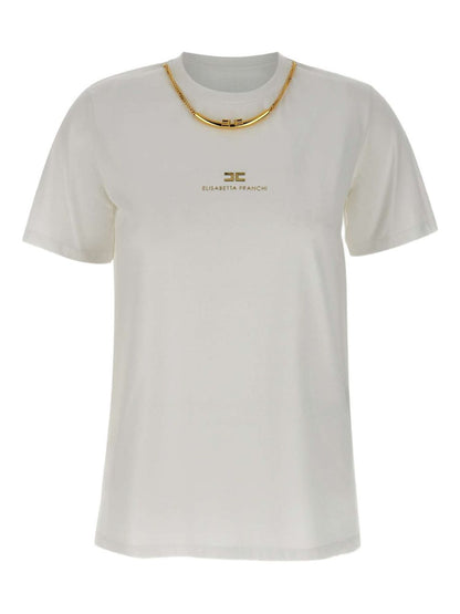 Elisabetta Franchi Cotton T-Shirt with Embossed Logo and Necklace White White