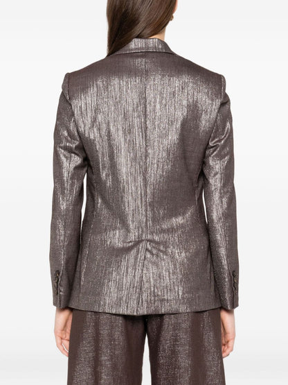 Brunello Cucinelli Metallic Single-Breasted Wool Blend Blazer Silver