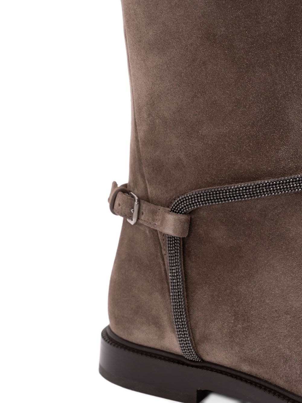 Brunello Cucinelli Suede Buckled Flat Boots with Monili Chain Brown