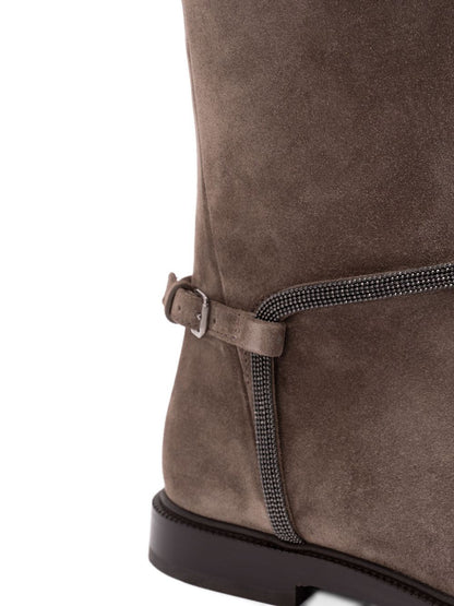 Brunello Cucinelli Suede Buckled Flat Boots with Monili Chain Brown
