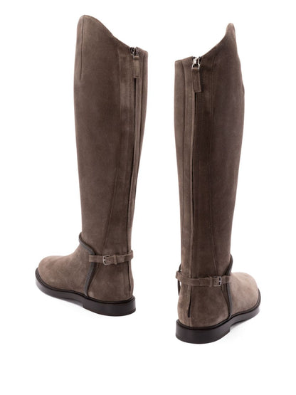 Brunello Cucinelli Suede Buckled Flat Boots with Monili Chain Brown