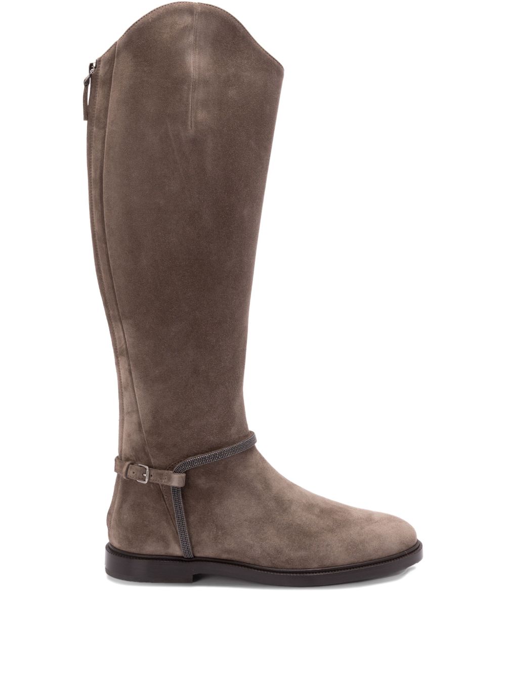 Brunello Cucinelli Suede Buckled Flat Boots with Monili Chain Brown