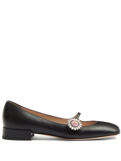 Valentino Garavani Crystal-Embellished Buckle-Strap Calf Leather Ballet Flats Black