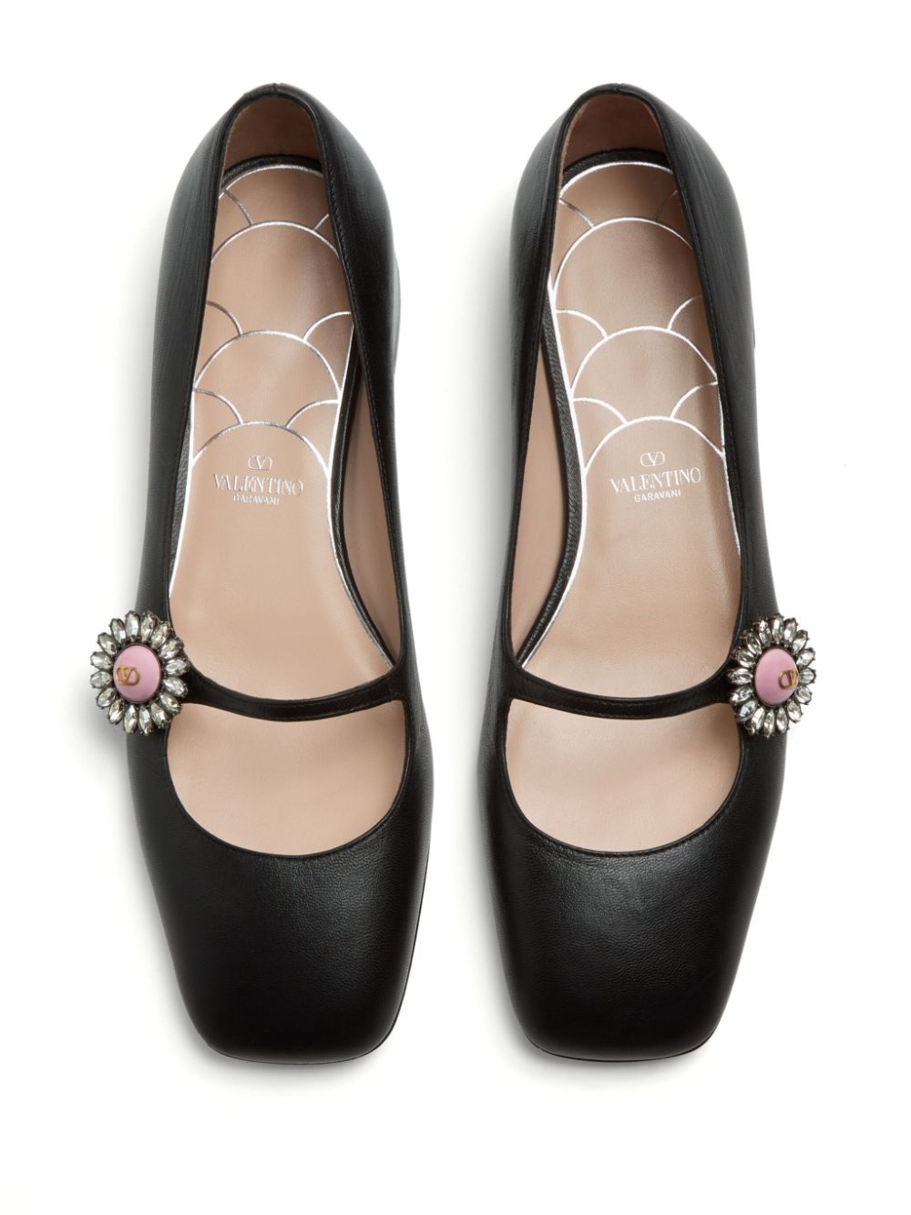 Valentino Garavani Crystal-Embellished Buckle-Strap Calf Leather Ballet Flats Black