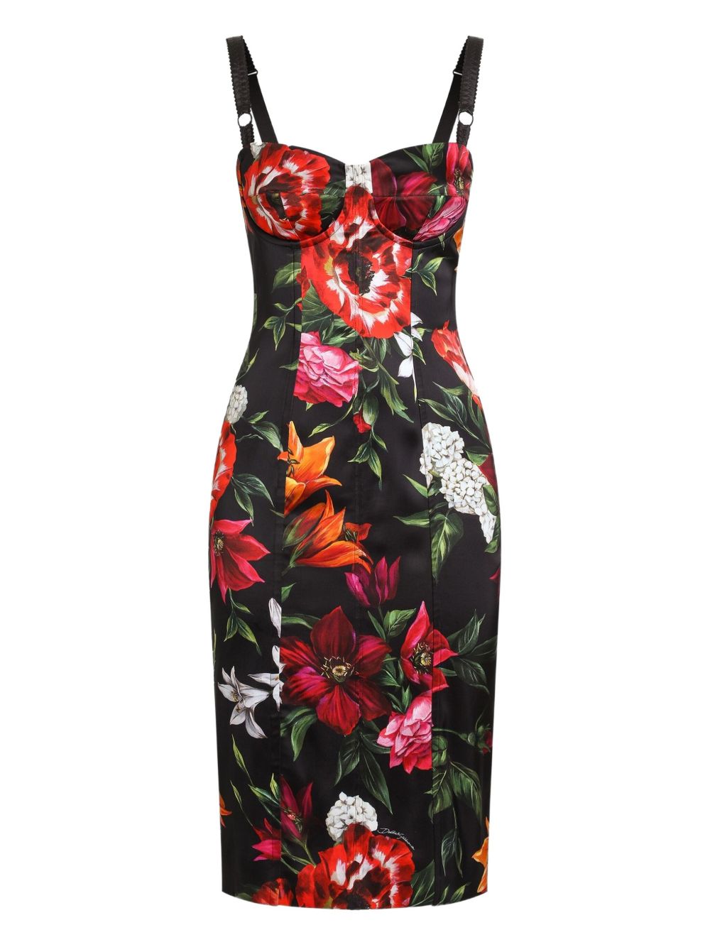 Dolce &amp; Gabbana Satin Printed Sleeveless Black Dress with Square Neck Black