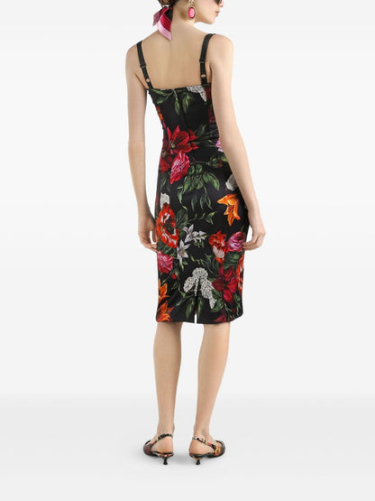 Dolce &amp; Gabbana Satin Printed Sleeveless Black Dress with Square Neck Black