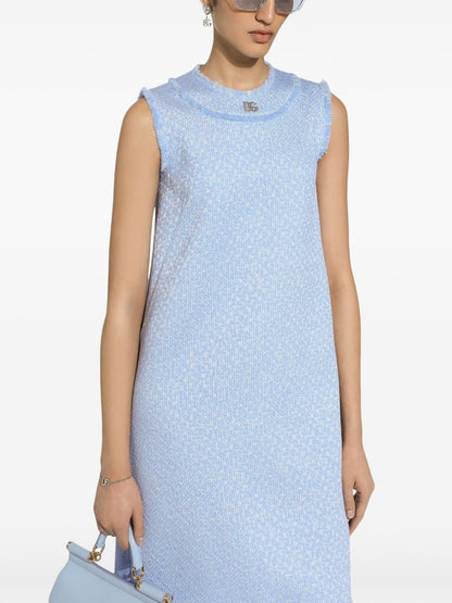 Dolce &amp; Gabbana Bouclé Tweed Mini Dress With Appliqué Logo Clear Blue