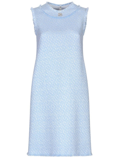 Dolce &amp; Gabbana Bouclé Tweed Mini Dress With Appliqué Logo Clear Blue